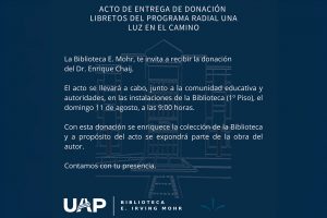 Invitación al Acto de donación de los libretos del programa radial "Una Luz en el camino". 