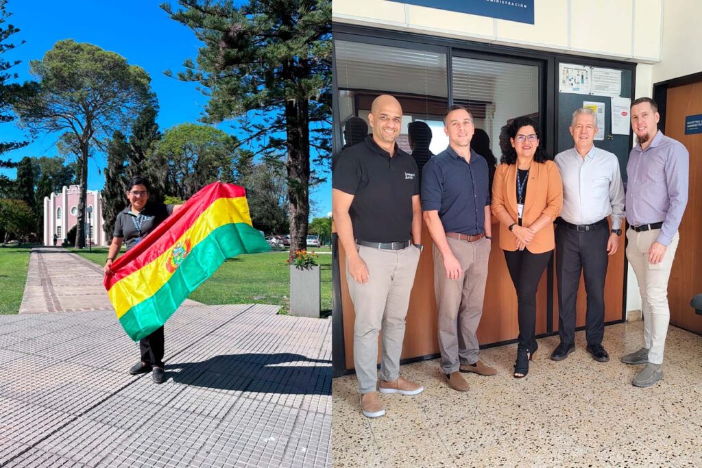 Madeleine Mendoza Noriega junto a la bandera de Bolivia (izq) y Madeleine junto a autoridades de la Facultad de Ciencias Económicas y de la Administración de la UAP.