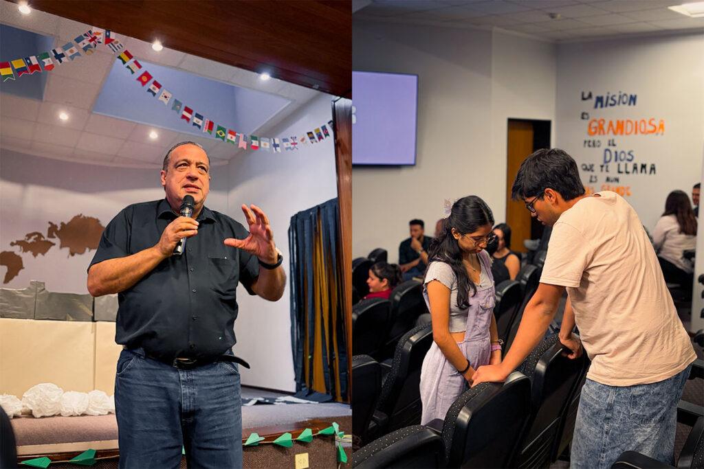 El Mag. Horacio Rizzo impartiendo la primera clase de Escuela de Misión y alumnos orando.